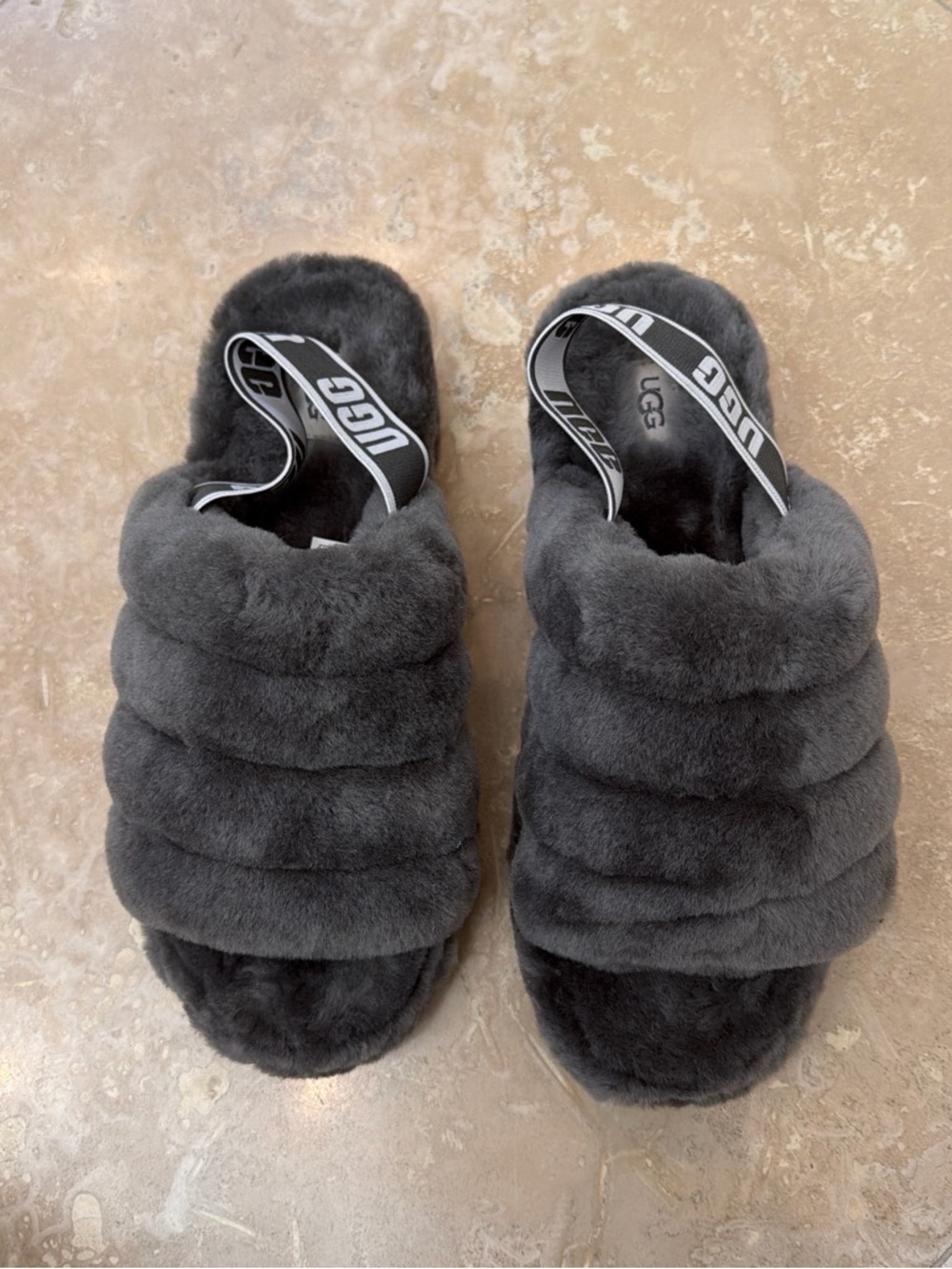 UGG Charcoal Faux Shearling Fluff Slide with Branded Heel Strap